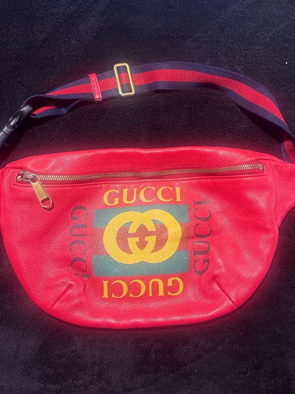 Gucci Red Leather Logo Belt Bag with Striped Strap